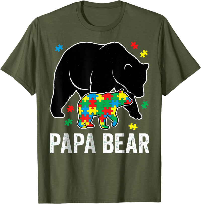 Autism Awareness Neurodiversity Support Apparel Papa Bear Autism Awareness Puzzle Neurodiversity Support T-Shirt - Olive Green