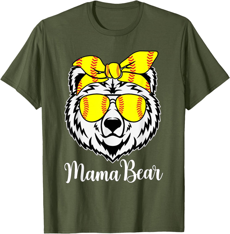 Mama Bear Face Apparel Softball Mama Bear With Sunglasses Bandana Momma Mothers Dy T-Shirt - Olive Green