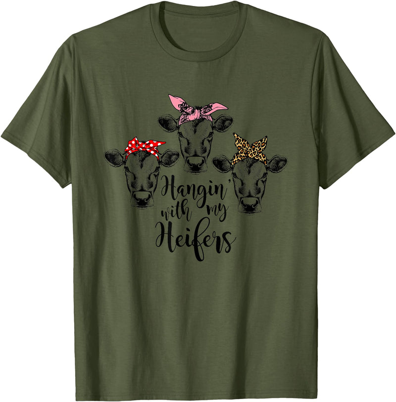 funny heifer tshirt Cute Women's Hanging With My Heifers Bandana T-Shirt T-Shirt - Olive Green