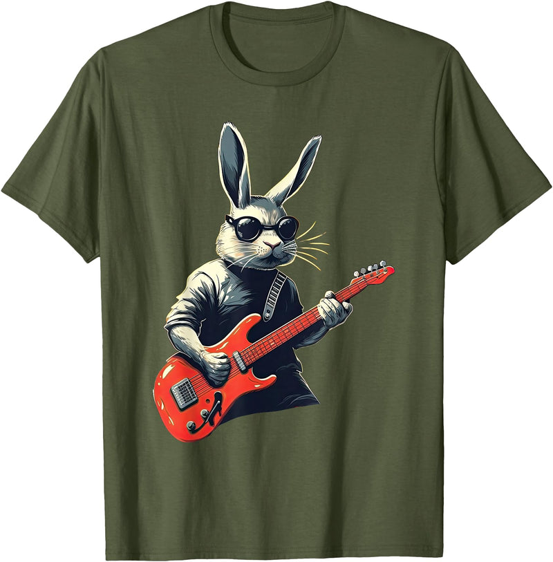 Rabbit Bunny Wearing Sunglasses Playing Guitar Musician T-Shirt in Olive Green