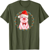 Dibble Dabble Holidays Sweet Pig with Santa Hat Pig Lover Christmas T-Shirt - Olive Green