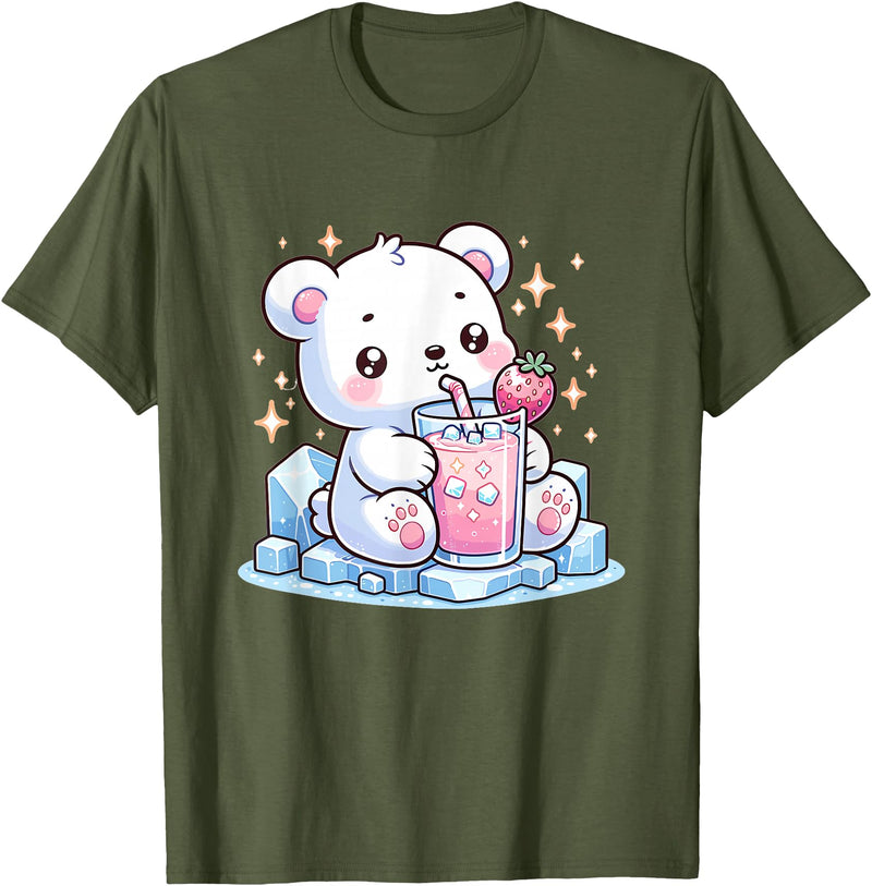 Cute Japanese Kawaii Animals Drinking Milk Co. Cute Kawaii Style Polar Bear Drinking Strawberry Milk T-Shirt - Olive Green