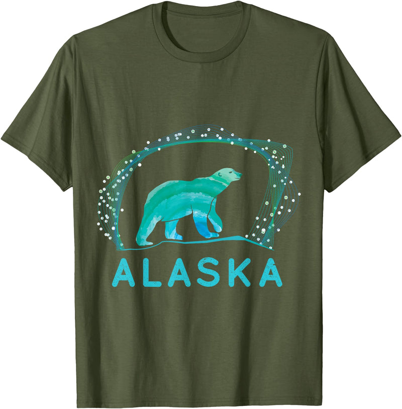 Funny Polar Bear Alaska Day Northern Light Gift Alaska Polar Bear with Polar Lights and Stars T-Shirt - Olive Green
