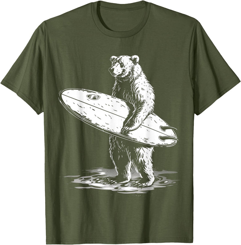 Bear Surf Creations BY TEERA Surfing Bear Cool Beach Adventure Design T-Shirt - Olive Green