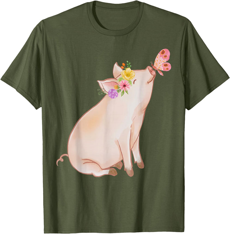 Watercolor Pink Pig With Floral And Butterfly Farm Design T-Shirt - Olive Green