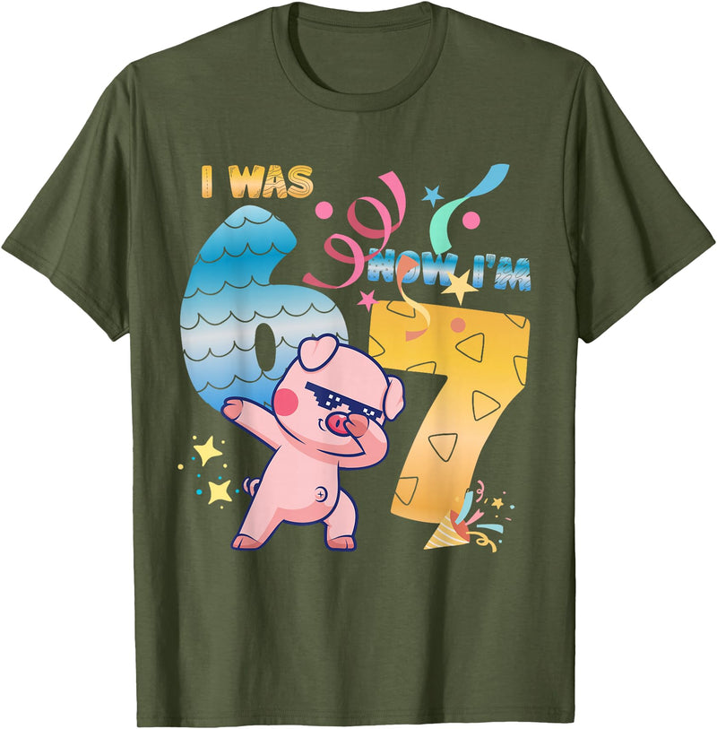 Funny 7th Birthday 6-7 Meme Pig Shir-t Kids Gift I was 6 Now I'm 7 Funny 67 Birthday Kids Boys Dabbing Pig T-Shirt - Olive Green