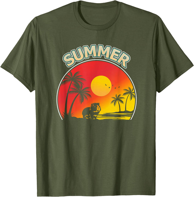 Retro Sunset Beach Guinea Pig Gifts Co Palm Tree With Guinea Pig Beach Holiday Summer Vacation T-Shirt - Olive Green