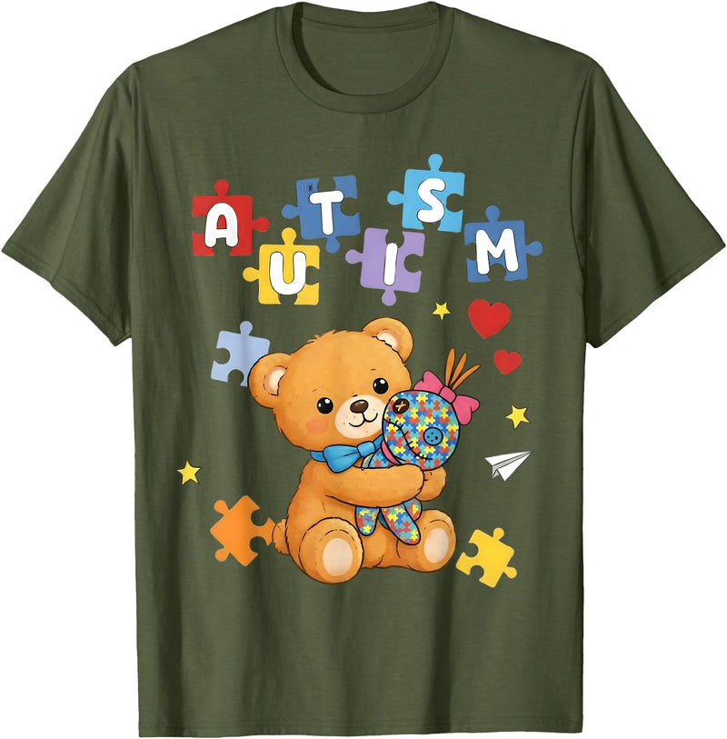 Cute Autism Awareness Puzzle Cute Autism Awareness Bear Colorful Puzzle T-Shirt - Olive Green