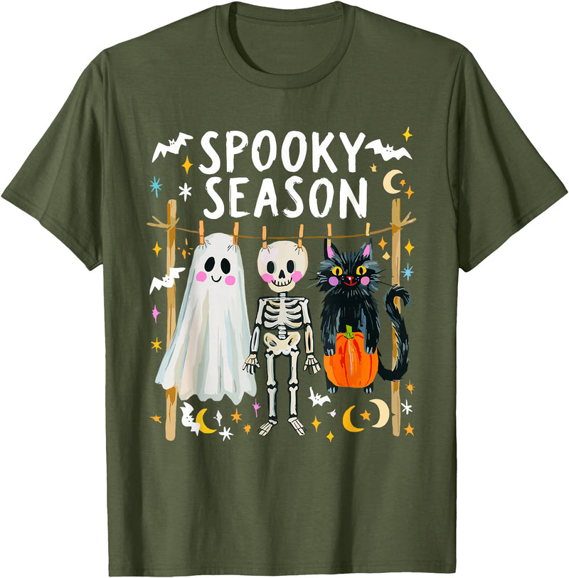 Spooky Ghost Halloween Black Cat Holding Pumpkin Preppy Halloween Ghost Skeleton Black Cat Spooky Season T-Shirt - Olive