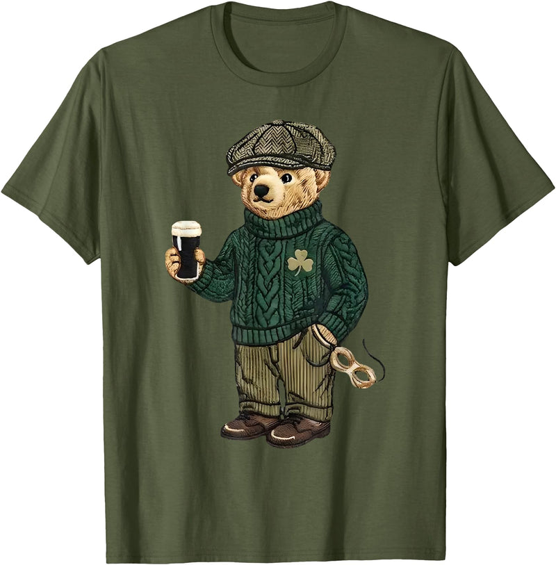 Teddy Bear Feeling Lucky St Patricks Women Men Cool Funny Teddy Bear Feeling Lucky Drinking St Patricks Day T-Shirt - Olive Green