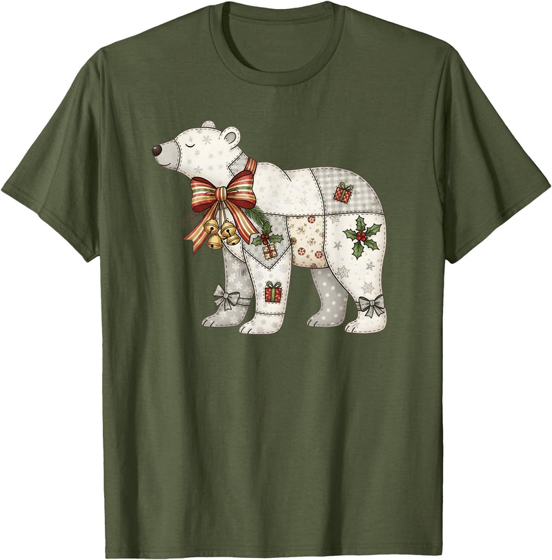 Cute Polar Bear Xmas Quilt Winter Holiday Patchwork Polar Bear Cute Christmas Quilt T-Shirt - Olive Green