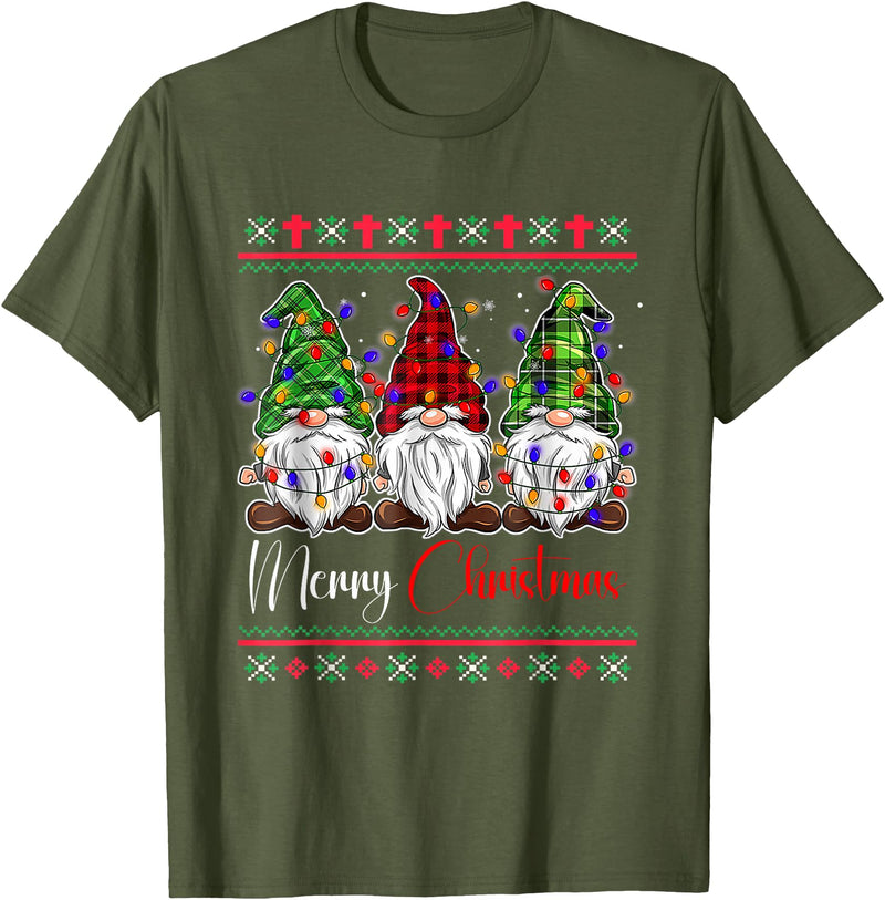 Xmas Lights Gnomes Holiday Graphics Merry Christmas Leopard Buffalo Red Plaid for Men Women T-Shirt - Olive Green