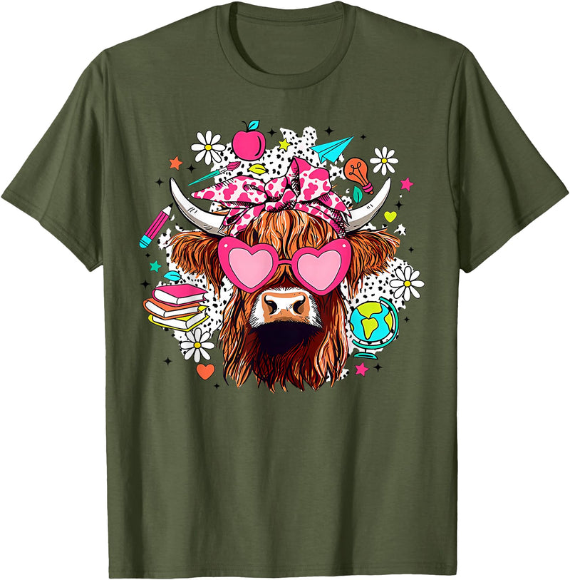 Cute Highland Cow Funny Teacher Life Retro Cute Highland Cow Teacher Bow Flower Heart Glasses T-Shirt - Olive Green