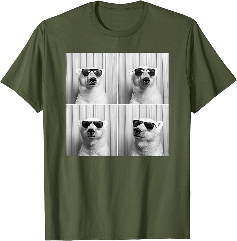 Arctic Polar Bear Face Photography Men Women Kids Cool Polar Bear With Sunglasses Funny Zoo Animal Selfie T-Shirt - Olive Green