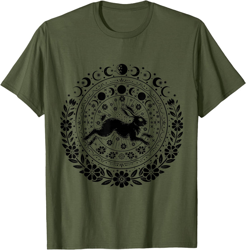 Easter Rabbit Eostre Pagan Spring Moon Witchcraft Ostara T-Shirt in Olive Green