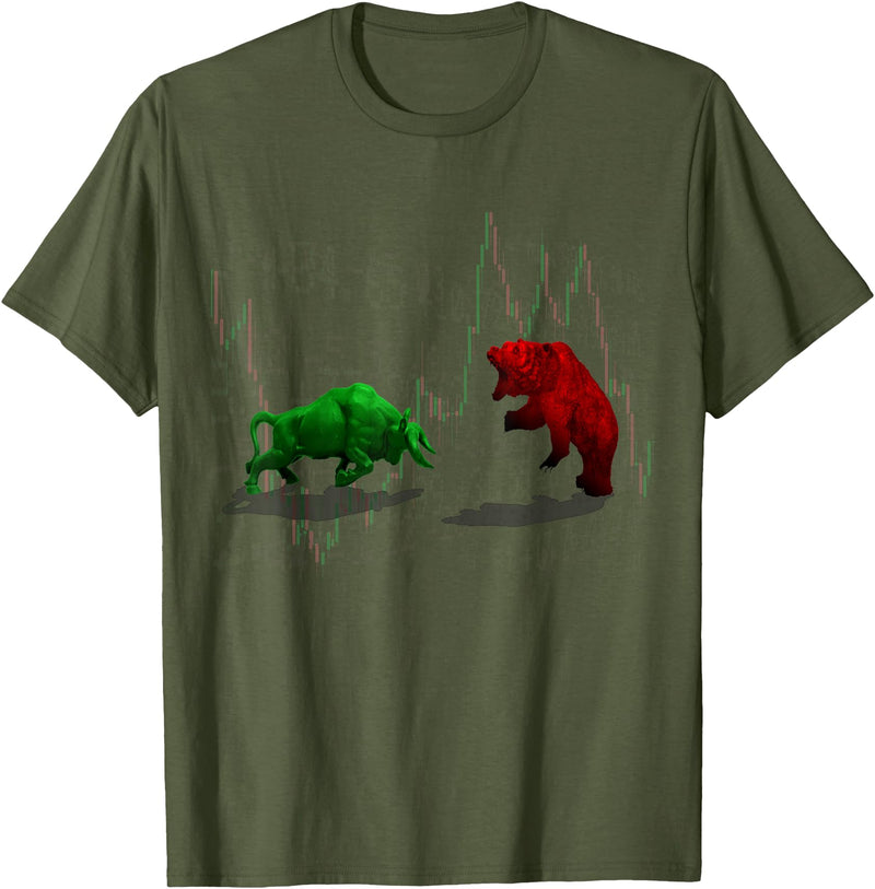 Stock Market Bulls vs Bears Graphic T-Shirt - Olive Green