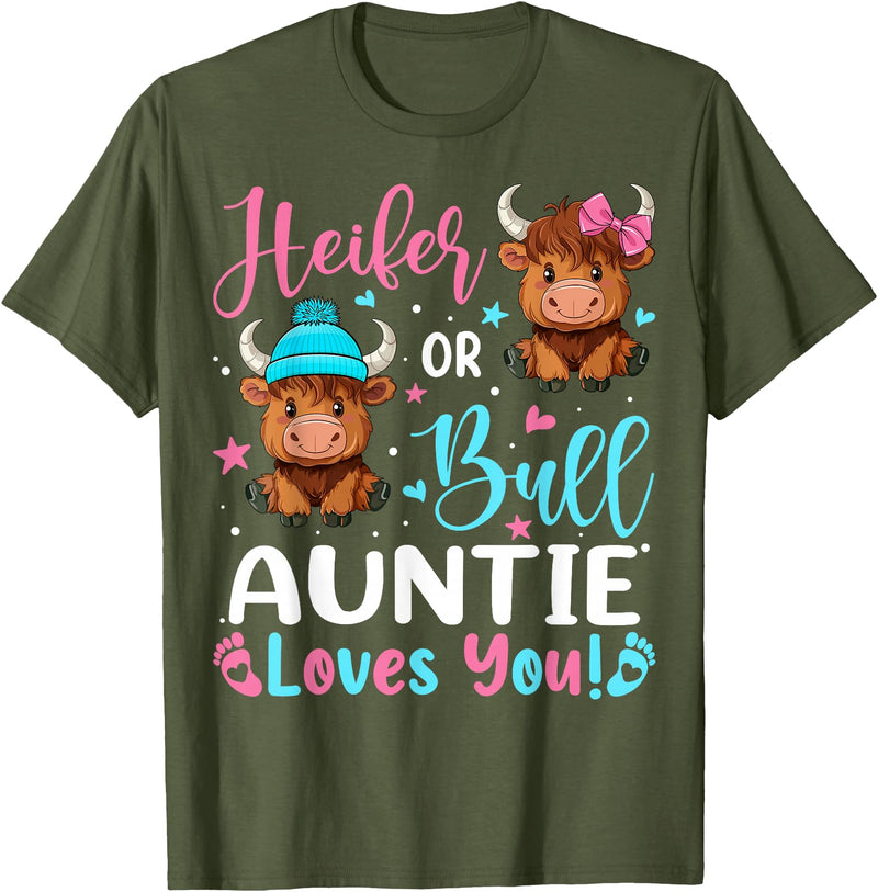 Reveal Party Highland Cow Bull or Heifer Auntie Loves You Highland Cow Lover T-Shirt - Olive Green