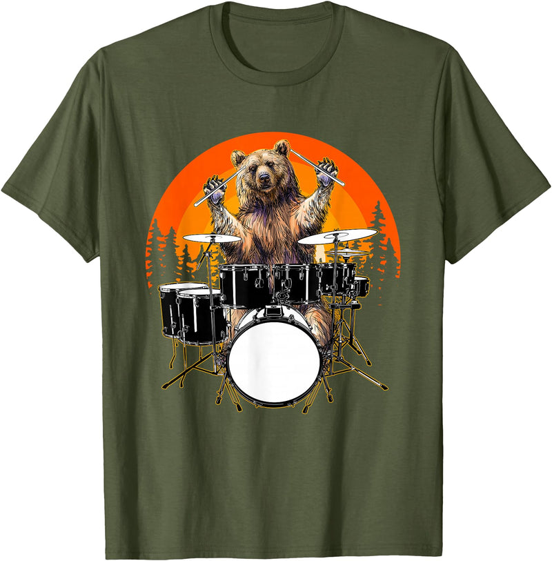 Drum Instrument Drummer Apparel Musical Animal Bear Playing Drums For Drum Lover And Musical Drummer Lover T-Shirt - Olive Green