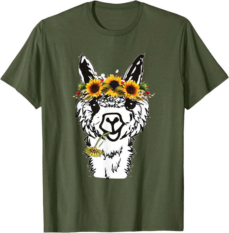 Funny Llama Alpaca Animal Lover Women's Floral Llama Alpaca Funny Graphics T-Shirt - Olive Green