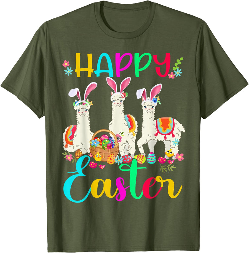 Happy Easter Three Llama Wearing Bunny Ear Happy Easter Llama Lover Three Llama Wearing Bunny Ear T-Shirt - Olive Green