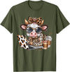 Cute Highland Cow Coffee Addict Cute Cow Leopard Coquette Coffee Lover Girls Women T-Shirt - Olive Green