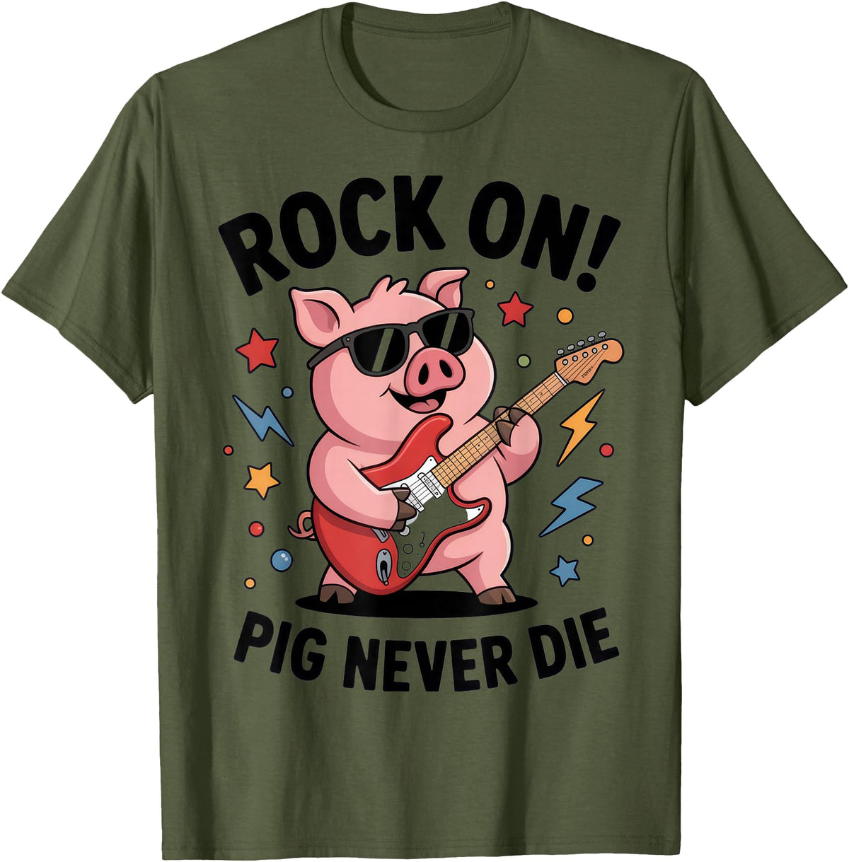 Musical Pig Tribe Collective for Rock Enthusiasts Rock On Pig Never Die Music Lovers Funny Concert Vibe T-Shirt - Olive Green