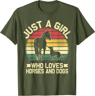 Unique Horse Riding Gifts for Girls Toddlers Just A Girl Who Loves Horses and Dogs Animal Lover T-Shirt - Olive Green
