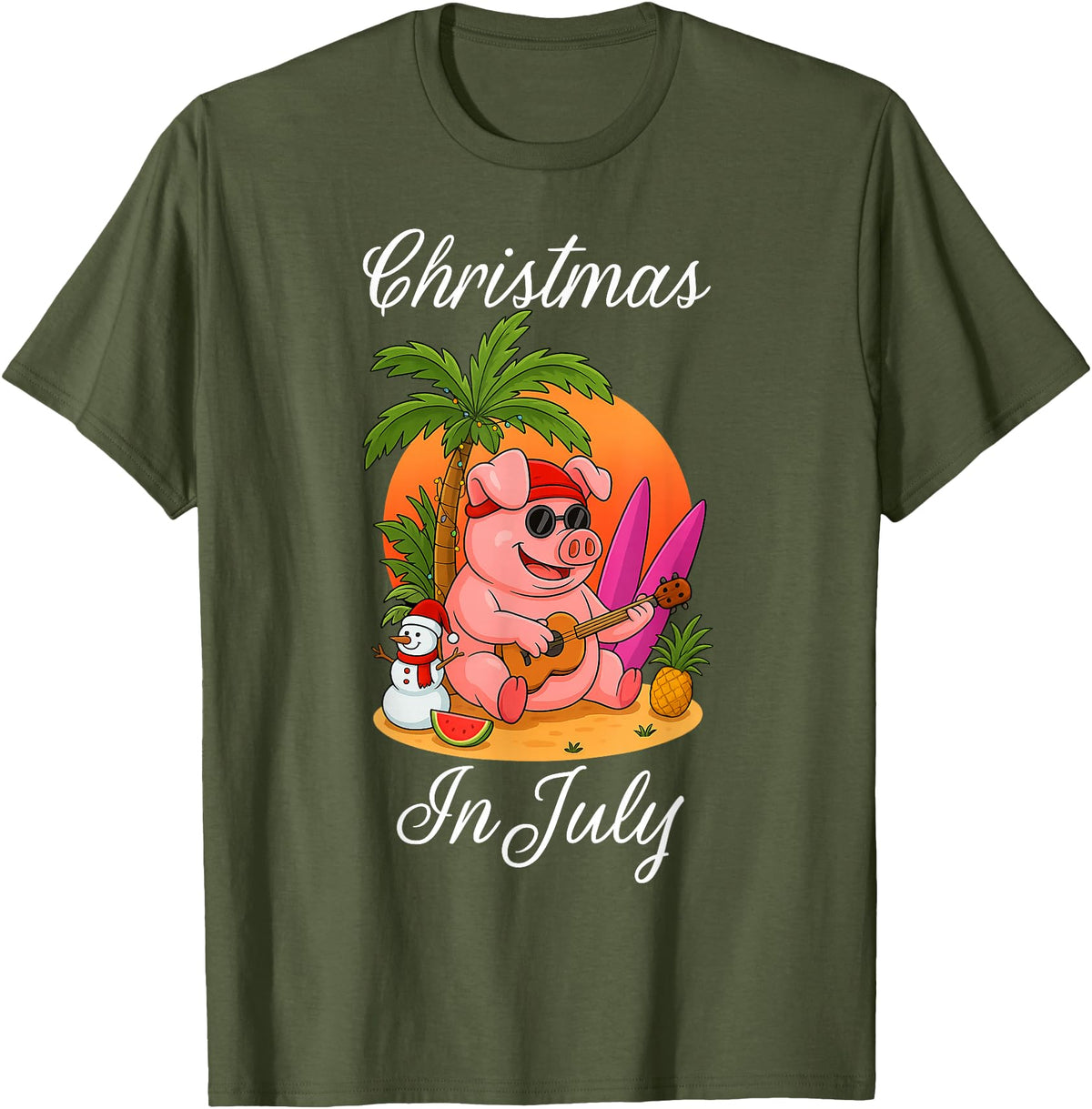 Cute Funny Pig Christmas Xmas Summer Vacation Gift Christmas In July Cute Pig Funny Summer Vacation Beach Vibes T-Shirt - Olive Green