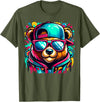 Funny Teddy Bear Lovers Colorful Hip Hop Teddy Bear Sunglasses Rap Music T-Shirt - Olive Green