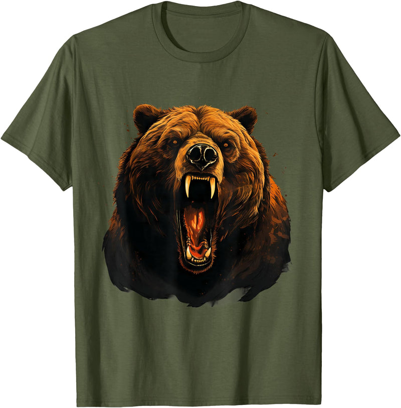 Forest Animal Art Bear Portrait Art Work Wildlife Animal Lovers Forest Motif T-Shirt - Olive Green