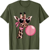 Funny Giraffe Lover Design Outfit Funny Cute Giraffe Pink Bubble Gum and Pink Sunglasses T-Shirt - Olive Green