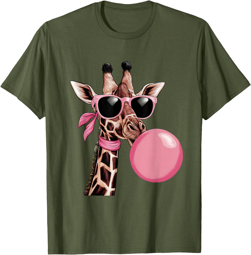 Funny Giraffe Lover Design Outfit Funny Cute Giraffe Pink Bubble Gum and Pink Sunglasses T-Shirt - Olive Green
