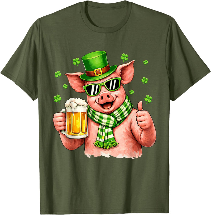 Amt Pig & Drinking Beer Lovers Saint Patrick's Day Funny Pig Drinking Beer Leprechaun Shamrocks St Patricks Day T-Shirt - Olive Green
