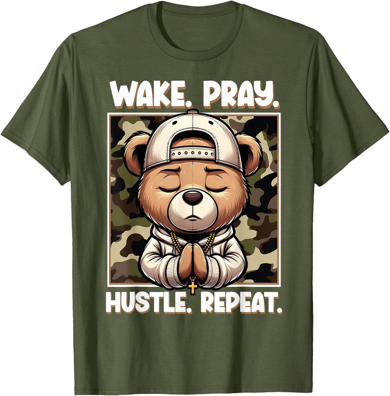 Camouflage Hip Hop Teddy Bear Hustle Grind Designs Wake Pray Hustle Repeat Hip Hop Teddy Bear Boys Teens Camo T-Shirt - Olive Green