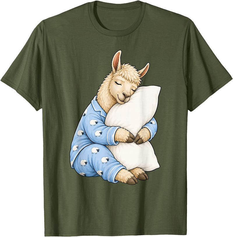 Funny Sleepy Llama Animal Lovers Pajama Llama Sleeping in Cute Pajamas Sleep T-Shirt - Olive Green