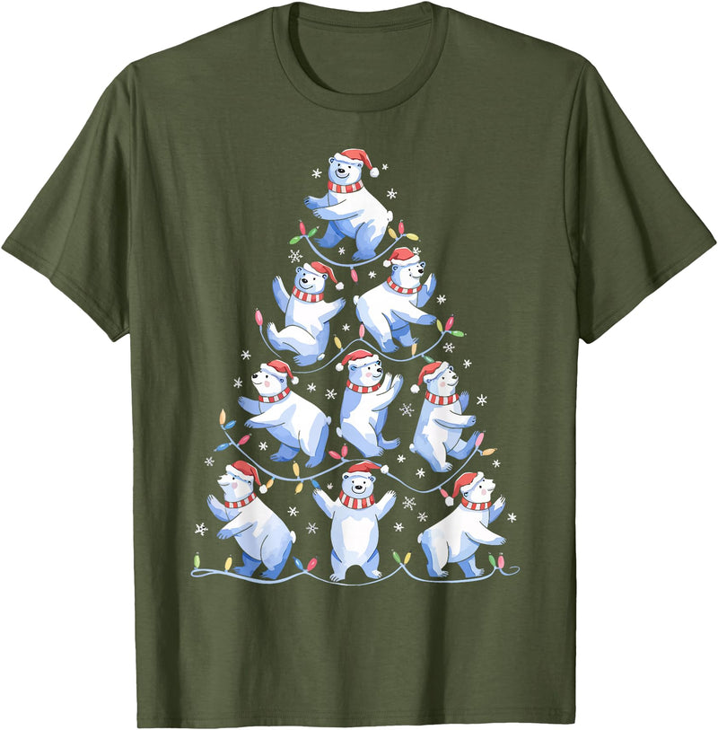 White Giant Christmas Tree Lights Santa Hats Polar Bear Christmas Tree Funny Ice Bear Holiday T-Shirt - Olive Green