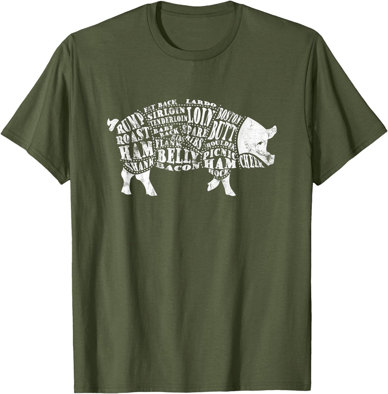 BBQ T-Shirts: Pig Cuts Barbecue and Grilling T-Shirt T-Shirt - Olive Green