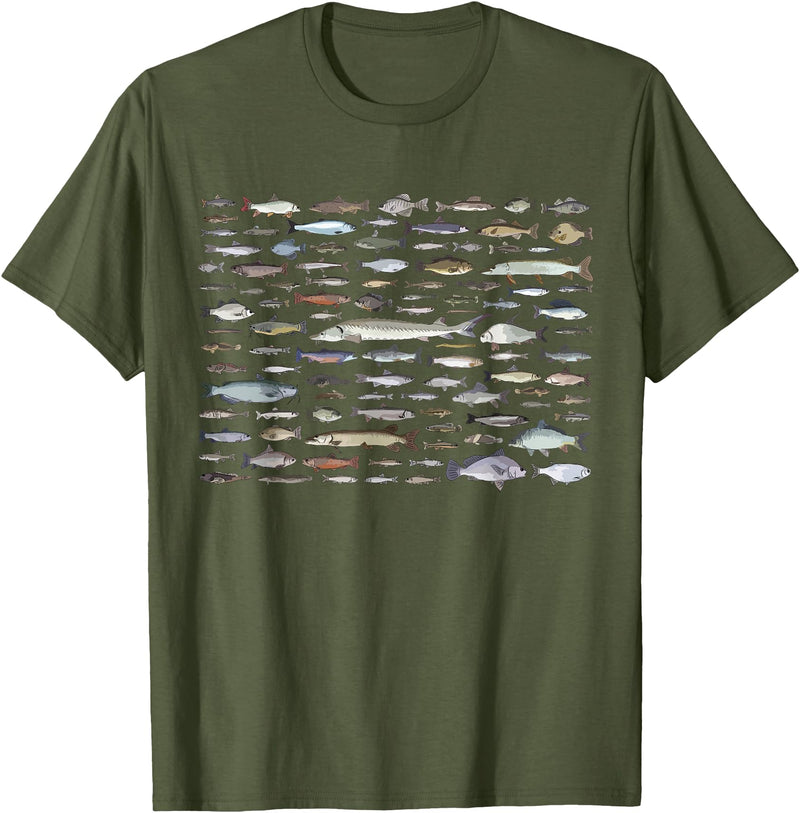100 Types Of Fish Species Tee 100 Types of Freshwater Fish Species Fishing T-Shirt - Olive Green