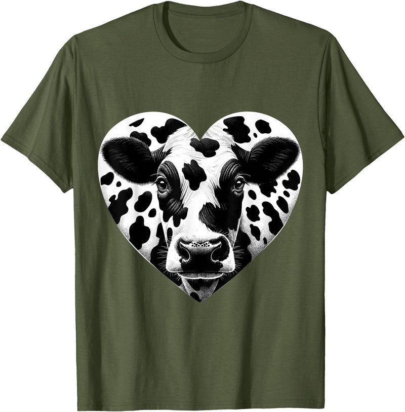 Humorous Gifts for Cow Farmer Cow Print Heart Cow Farmer Girl T-Shirt - Olive Green