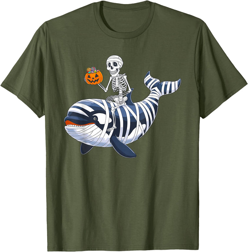 Orca Skeleton Halloween Whale Apparel Co. Skeleton Riding Mummy Orca Halloween Candy Whale T-Shirt - Olive Green