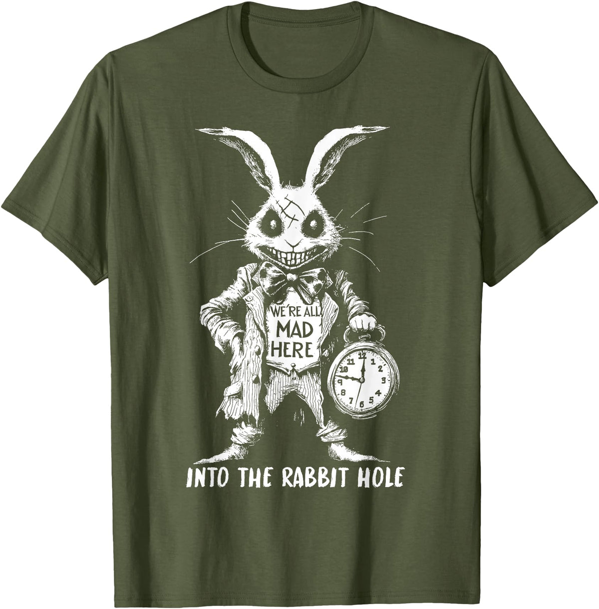The Creepy White Rabbit in Wonderland Horror Fantasy Art T-Shirt in Olive Green
