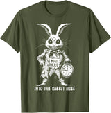 The Creepy White Rabbit in Wonderland Horror Fantasy Art T-Shirt in Olive Green