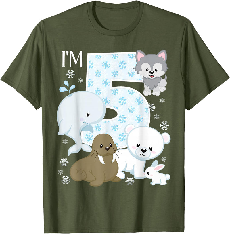 Arctic Animals Birthday Party Family Matching Bday Arctic Animals 5th Birthday Polar Bear Walrus Fox Sea Theme T-Shirt - Olive Green