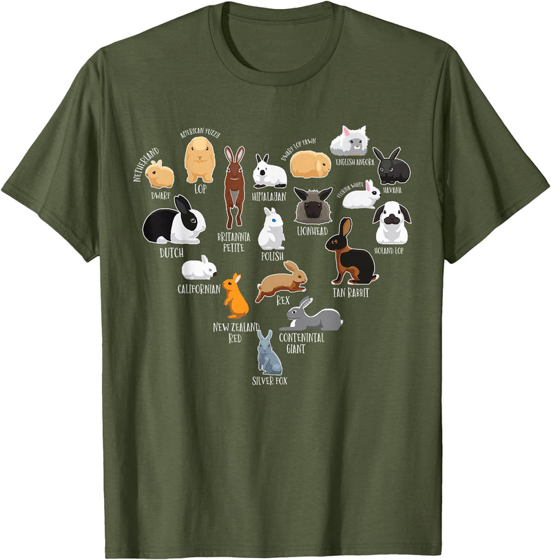 Rabbit Types & Cute Rabbit Species, Bunny - Rabbits T-Shirt in Olive Green