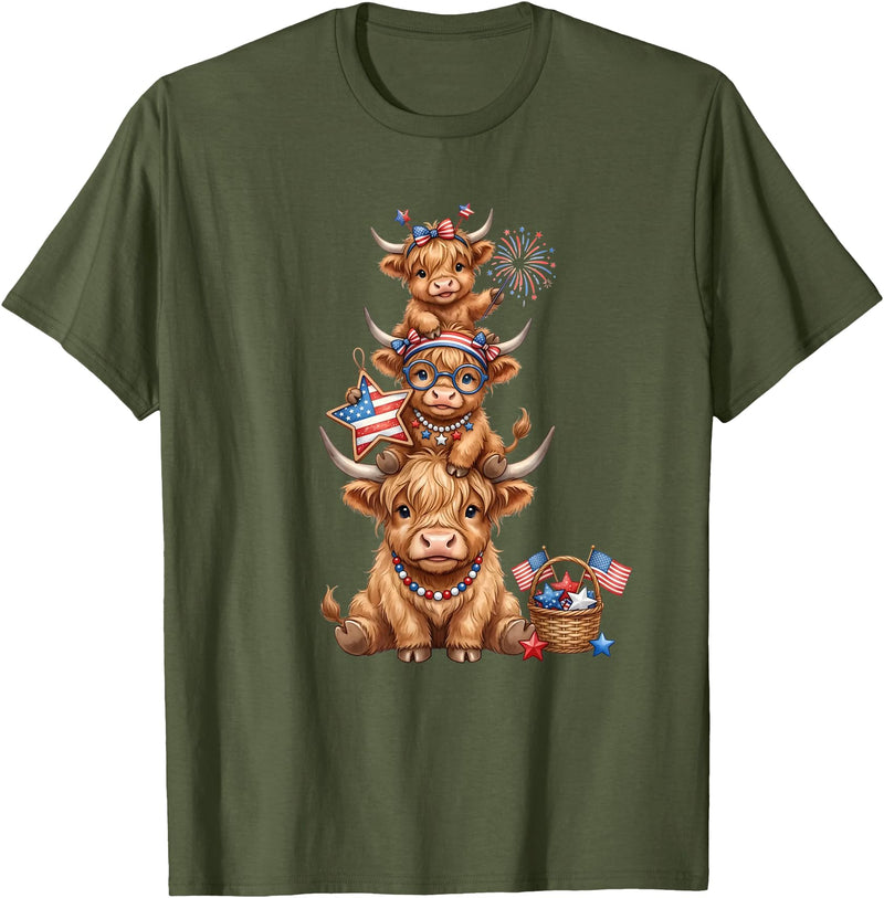 Funny 4th Of July Highland Cow Apparel Cute Highland Cow 4th of July Patriotic American Flag T-Shirt - Olive Green
