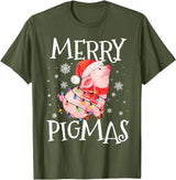 Christmas Funny Gifts Merry Pigmas Funny Pig Christmas Lights Tree Xmas Funny T-Shirt - Olive Green