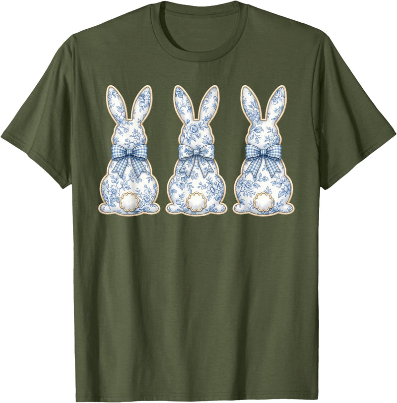 Blue Floral Easter Bunnies Chinoiserie Rabbit Bow T-Shirt in Olive Green