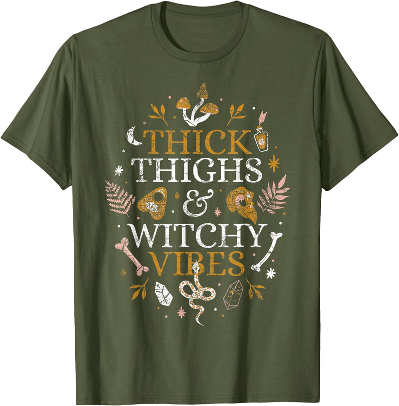 Halloween Thick Thighs And Witchy Vibes Funny Thick Thighs And Witchy Vibes T-Shirt - Olive Green