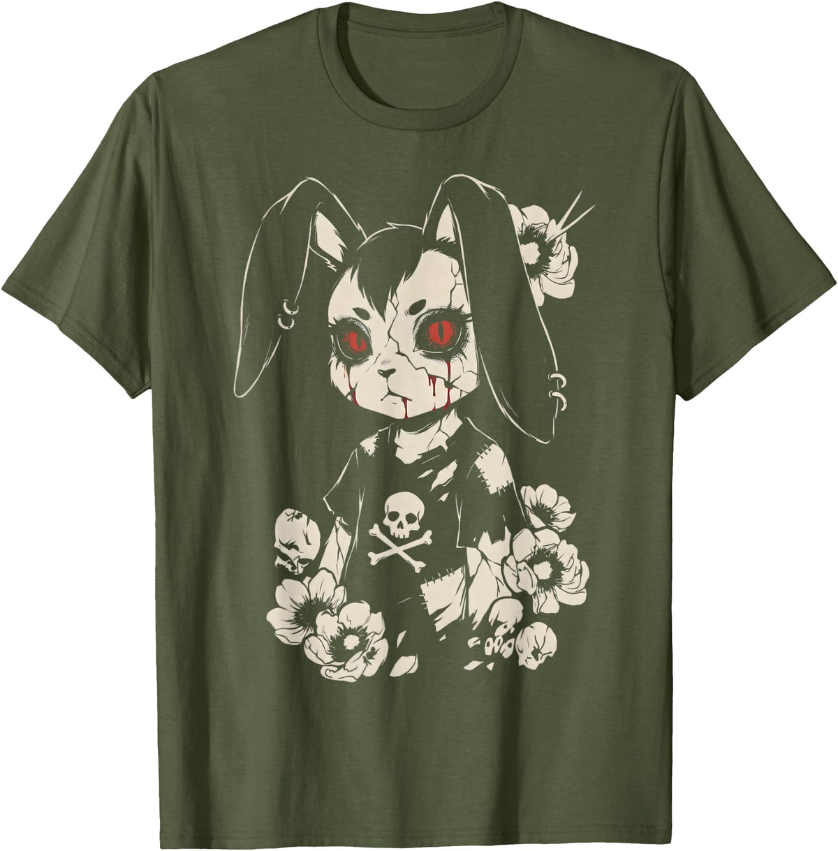 Creepy Bunny Rabbit Japanese Kawaii Manga Horror Goth T-Shirt in Olive Green