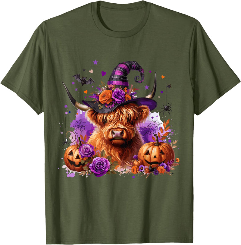Cute and Funny Halloween Gifts Halloween Highland Cow Pumpkin Witchy Bat T-Shirt - Olive Green
